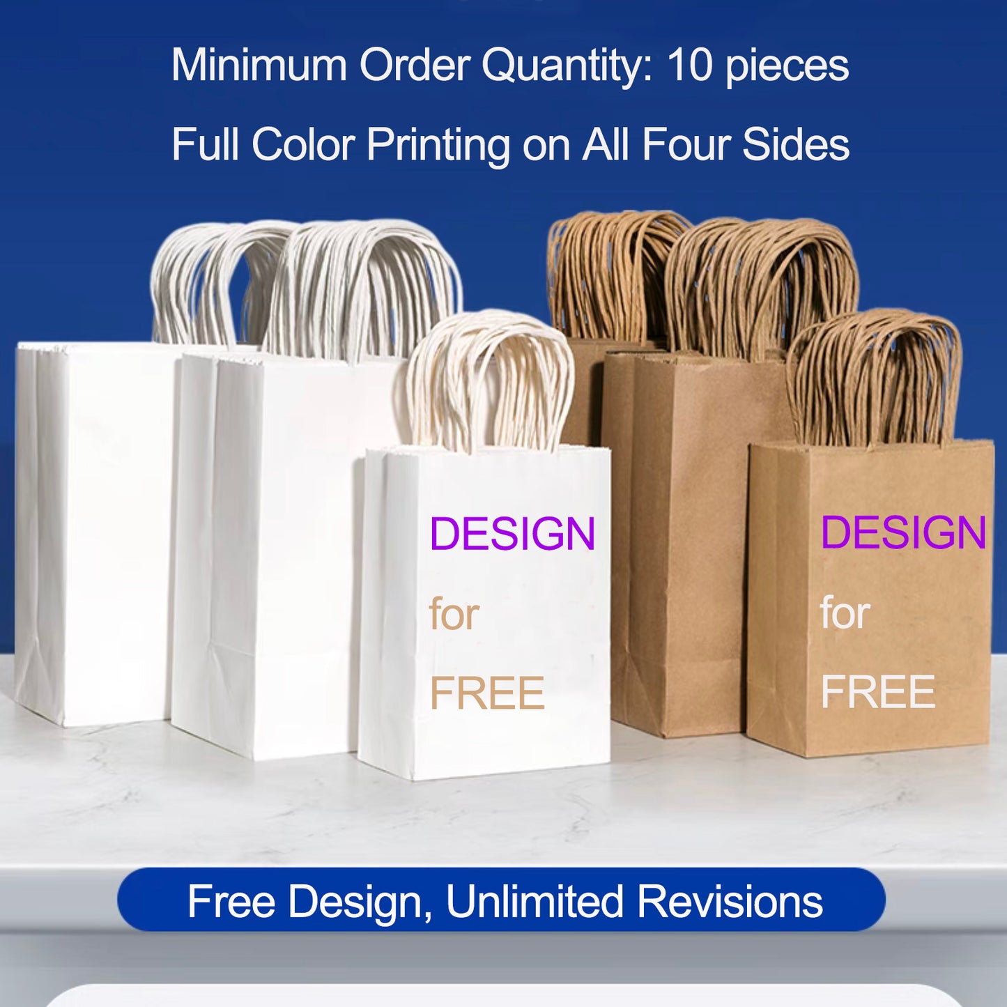 Custom Design Paper Shopping Bags with Handles, Brown and White, 6 Sizes from S to XL, Pack of 50 to 1000, Personalized Kraft Paper Bag