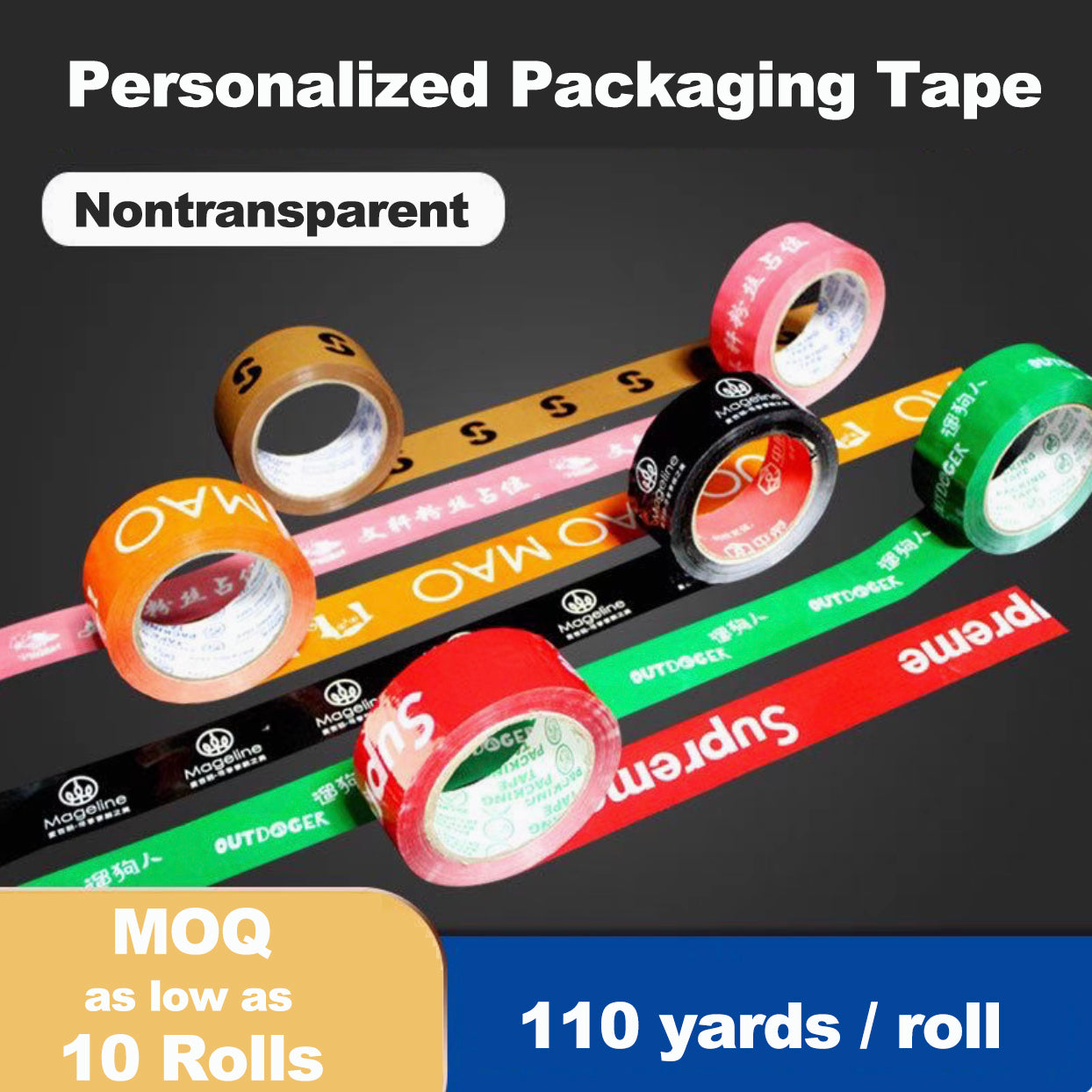 Personalized Logo Packaging Tape, Custom Design, for Shipping, Labeling, Packaging, Reinforced Gummed Paper Base, Ultra Strong, Nontransparent, 110 yd per Roll, 10 Rolls Pack