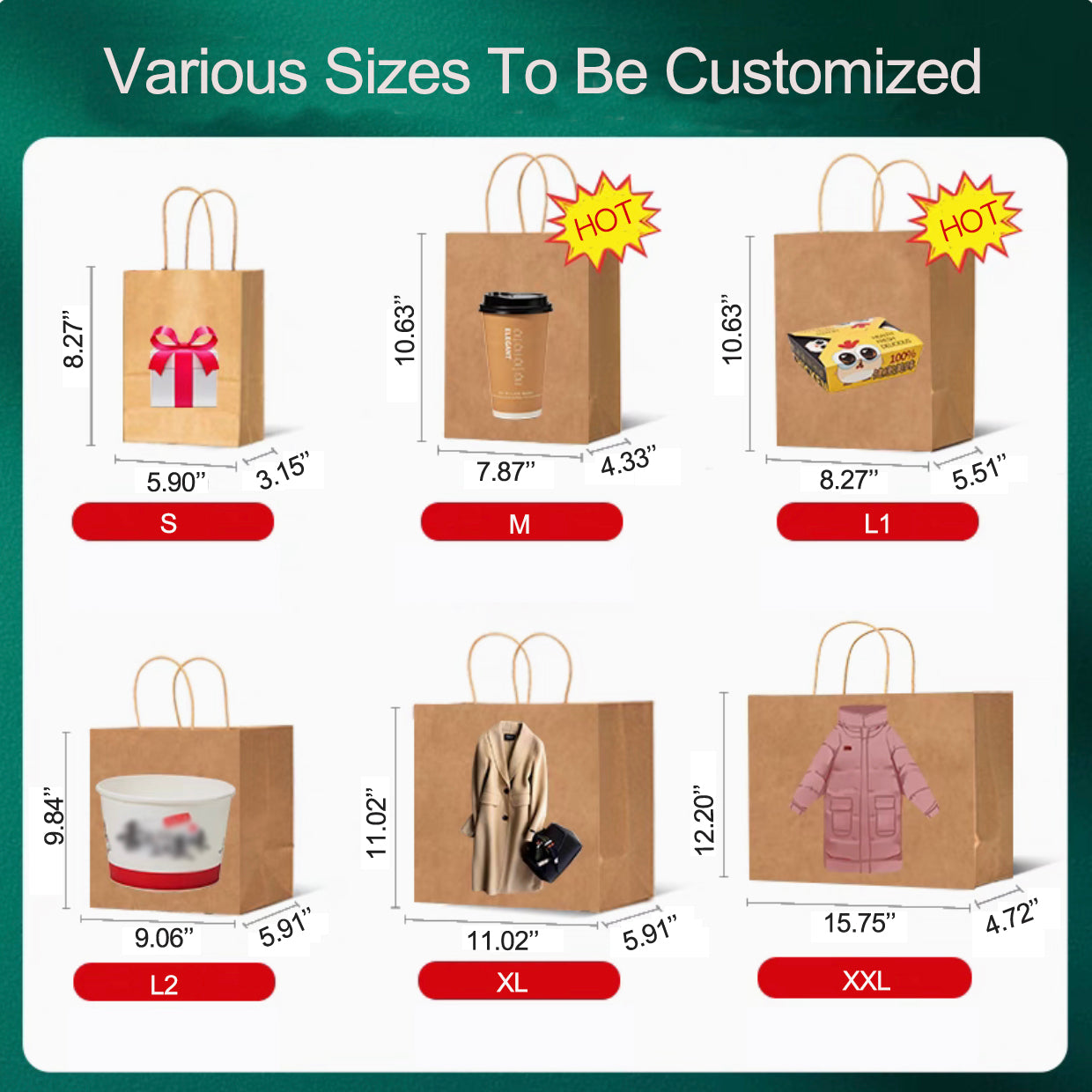 Custom Design Paper Shopping Bags with Handles, Brown and White, 6 Sizes from S to XL, Pack of 50 to 1000, Personalized Kraft Paper Bag