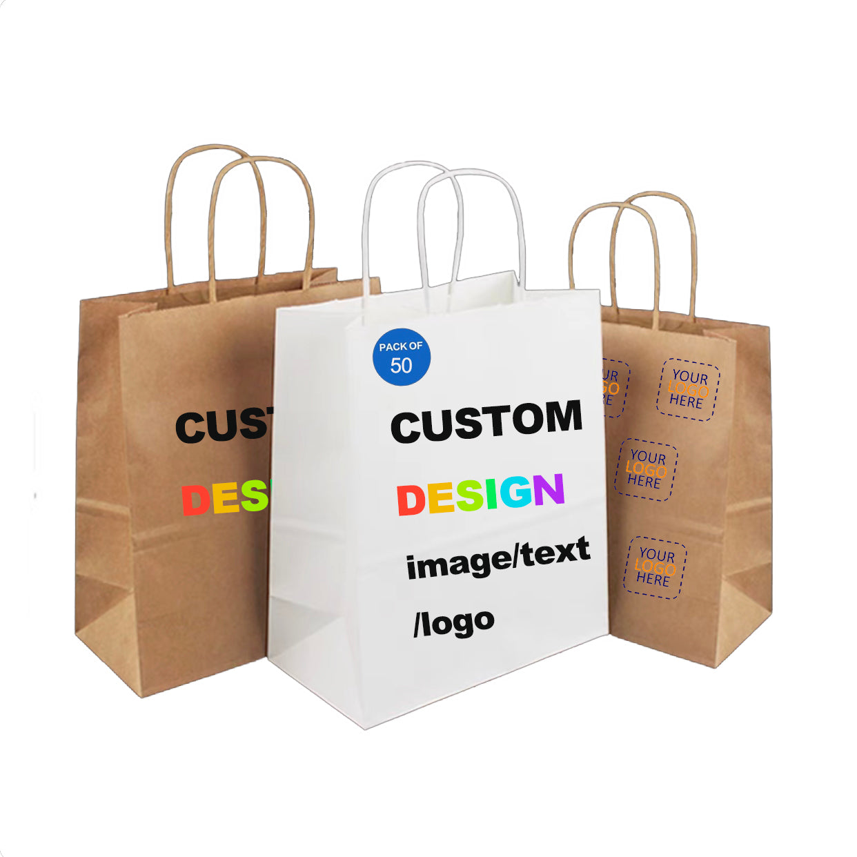 Custom Design Paper Shopping Bags with Handles, Brown and White, 6 Sizes from S to XL, Pack of 50 to 1000, Personalized Kraft Paper Bag