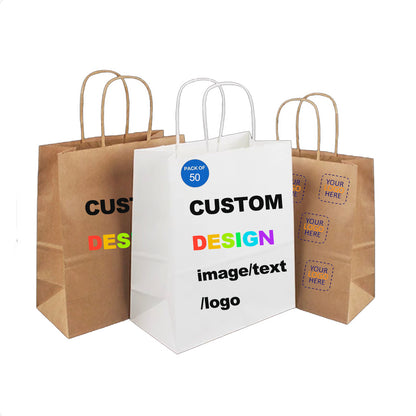 Custom Design Paper Shopping Bags with Handles, Brown and White, 6 Sizes from S to XL, Pack of 50 to 1000, Personalized Kraft Paper Bag