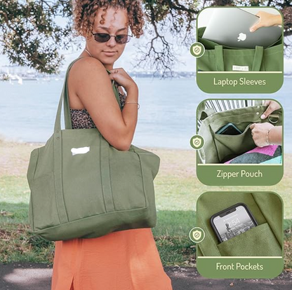 Cotton Canvas Tote Shopping Bag, Multi-function Tote Bag (Green) --- as low as $2.3